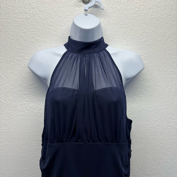 Venus Women’s Sz Lg High Collar Navy Ruched Sleeveless Blouse NWOT, V501 - Picture 3 of 14